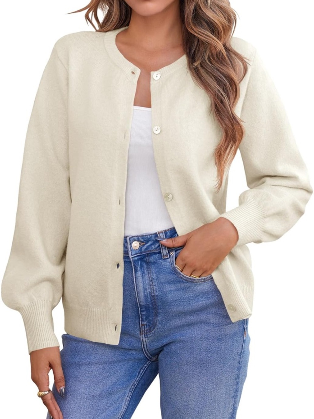 Women’s Crewneck Button Cardigan Sweater - cream and Beige lot of 2 size medium - Picture 3 of 12
